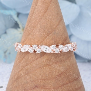 Marquise cut Moissanite wedding band Vintage Rose gold wedding band Unique Diamond Half eternity band Matching Stacking Bridal Promise ring