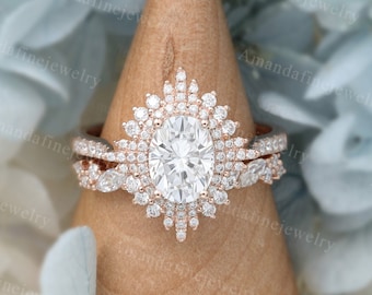 Oval Moissanite engagement ring vintage rose gold Halo art deco Unique engagement ring cluster Bridal set Half eternity Anniversary gift
