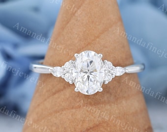Oval Moissanite engagement ring Vintage Diamond cluster ring White gold Marquise cut Wedding ring Unique Bridal Promise Anniversary ring