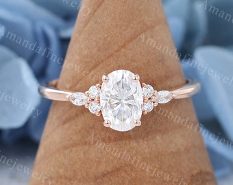 Anello di fidanzamento ovale in Moissanite Anello di fidanzamento vintage unico in oro rosa Anello con diamanti marchesa Anello a grappolo Anello per anniversario nuziale