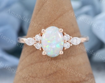 Oval cut Opal engagement ring Vintage rose gold moissanite ring Marquise cut Diamond cluster engagement ring Bridal ring Anniversary gift