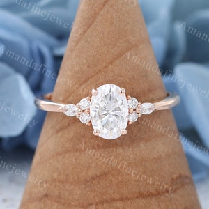 Oval Moissanite engagement ring Vintage Unique Rose gold engagement ring Marquise Diamond ring cluster ring wedding Bridal Anniversary ring