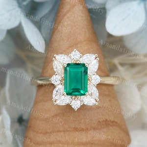 Emerald cut Emerald engagement ring Vintage yellow gold moissanite ring Art deco diamond ring Bridal ring Promise ring Anniversary gift