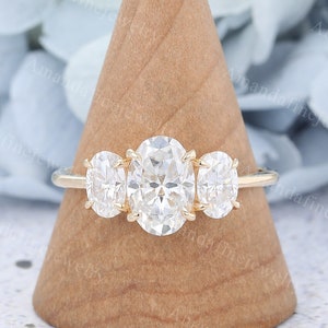 Oval cut Moissanite engagement ring Three stone ring Solid yellow gold engagement ring Claw ring Simple Bridal Anniversary gift for women