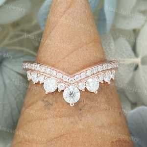 Curved wedding band rose gold Moissanite wedding band Vintage Unique Matching Stacking ring Bridal Promise Anniversary cluster dainty band