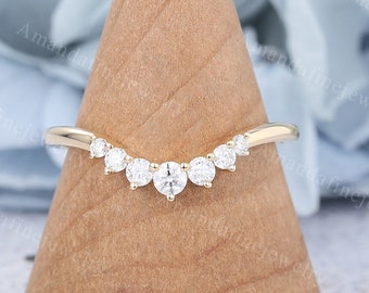 Curved Moissanite wedding band Yellow gold Diamond wedding band simple Vintage Unique Matching Stacking band Bridal Promise Anniversary band