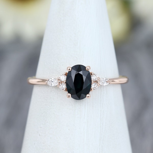 Anillo de compromiso de zafiro negro simple anillo de compromiso de oro rosa vintage corte marquesa Anillo de racimo de diamantes regalo de aniversario nupcial para ella