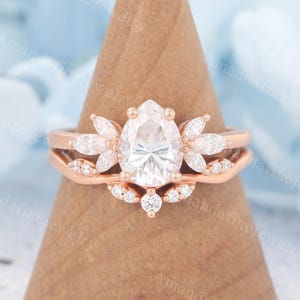 Tropfenförmiger Moissanit Verlobungsring Set Vintage Roségoldring Marquise Diamant Ring Unikat Brautschmuck Ring Jahrestagsgeschenk