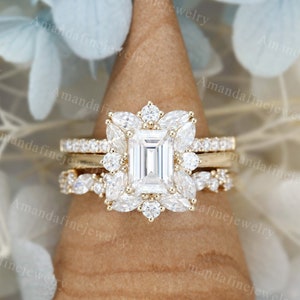 3Pcs Emerald cut Moissanite engagement ring set yellow gold Unique Art deco Cluster engagement ring vintage Bridal Anniversary ring set