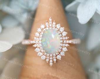 Oval cut Opal engagement ring vintage rose gold art deco Halo diamond Unique moissanite engagement ring delicate Half eternity bridal ring