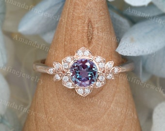 Alexandrite engagement ring vintage Moissanite/Diamond flower cluster rose gold engagement ring Unique wedding Bridal Anniversary ring