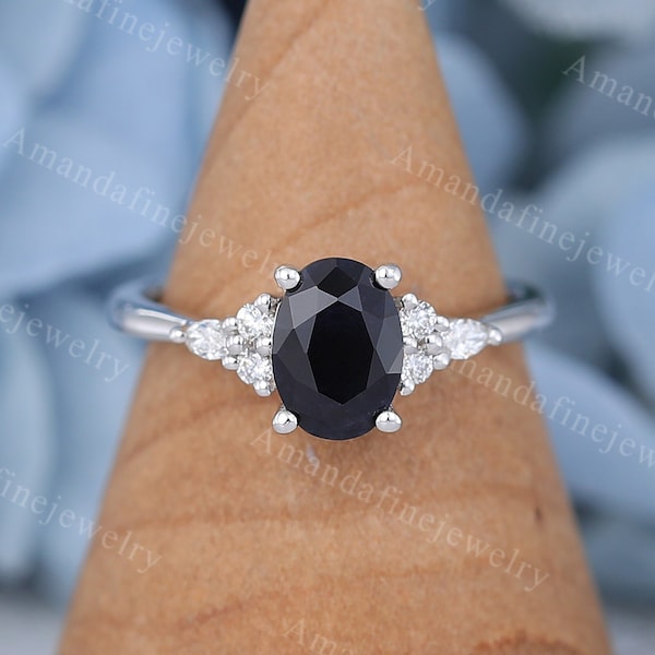 Anillo de compromiso de zafiro negro oro blanco Anillo de racimo de diamantes anillo de compromiso vintage anillo de boda Anillo de promesa de aniversario nupcial único