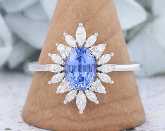 Oval cut Cornflower Sapphire engagement ring Unique white gold ring Marquise cut Diamond cluster ring Vintage Art deco ring Anniversary gift