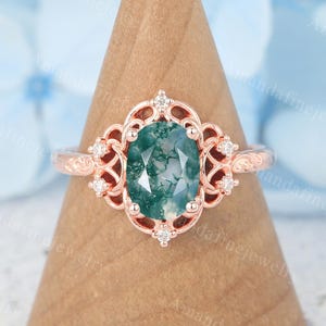 Oval cut Moss Agate engagement ring Vintage Rose gold ring Dainty diamond ring Floral ring Antique bridal ring Promise ring Anniversary gift