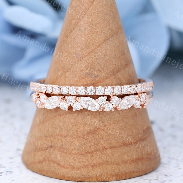 2pcs Rose gold wedding band Marquise cut Moissanite wedding band Vintage Half eternity Matching Stacking band Unique Bridal ring Anniversary
