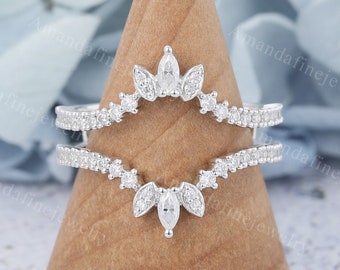 Marquise cut White gold Ring enhancer wedding band Double Curved Moissanite wedding band Matching Stacking ring Bridal ring Anniversary ring