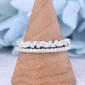 2pcs white gold wedding band Marquise Moissanite wedding band Vintage Half eternity Matching Stacking band Unique Bridal gift Anniversary