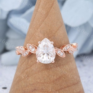 Pear Moissanite engagement ring Vintage rose gold engagement ring Unique diamond ring Leaf ring Bridal ring promise ring Anniversary gift