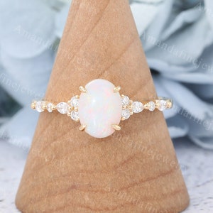 Oval cut Opal engagement ring vintage Yellow gold moissanite cluster ring Unique Marquise cut Diamond Bridal ring Promise Anniversary ring