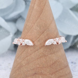 Marquise cut Moissanite wedding band Unique Rose gold wedding band Open ring Matching Stacking band Dainty Bridal Promise Anniversary gift