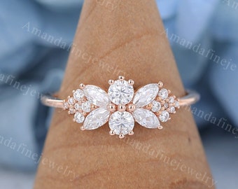 Unique Moissanite engagement ring Vintage rose gold engagement ring Marquise wedding ring Prong set cluster Art deco Bridal Promise ring
