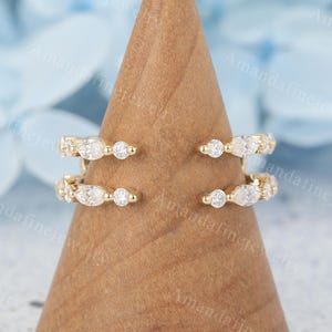 Double curved wedding band Vintage yellow gold enhancer Marquise cut moissanite Matching Stacking ring Diamond bridal ring Anniversary gift