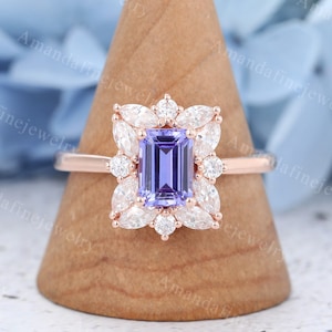 Emerald cut Tanzanite engagement ring Vintage Rose gold moissanite ring stacking diamond ring Bridal ring Anniversary gift Promise ring