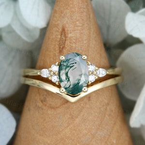 Oval cut Moss Agate engagement ring set yellow gold Diamond cluster ring vintage engagement  ring curved wedding band Bridal Promise gift