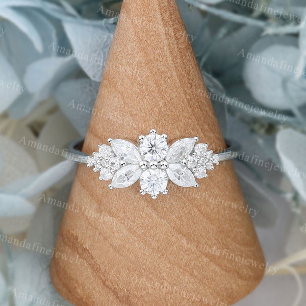 Unique Cluster engagement ring vintage white gold Marquise cut Moissanite Flower engagement ring Bridal Promise anniversary engagement ring