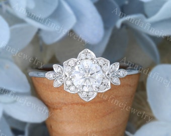 Moissanite engagement ring vintage Diamond cluster ring white gold engagement ring Unique Flower Bridal Anniversary gift promise ring