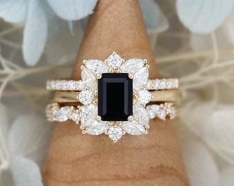 Emerald Cut Black Onyx Engagement Ring Set Vintage - Etsy