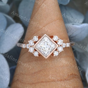 Princess cut Moissanite engagement ring rose gold Unique Diamond Cluster engagement ring vintage Bridal Promise Anniversary delicate ring image 1