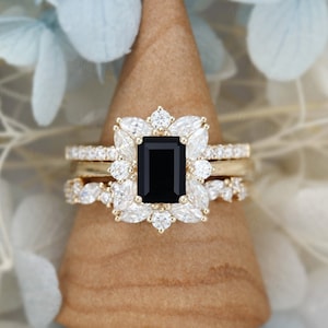 3PCS Black Onyx engagement ring set Emerald cut yellow gold Unique vintage engagement ring stacking moissanite wedding Bridal Anniversary
