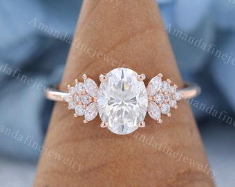 Unique Oval Moissanite engagement ring Vintage rose gold Prong set ring Wedding cluster ring Marquise Diamond Anniversary Promise ring