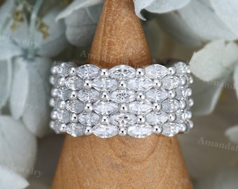 Moissanite wedding band vintage White gold wedding band Unique Marquise cut Full eternity band stacking Antique women Bridal Promise band