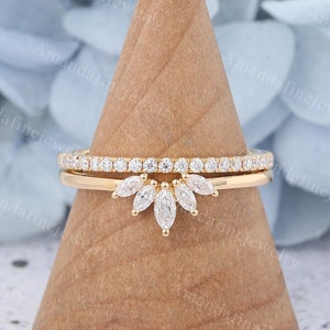 2pcs Curved wedding band Marquise Moissanite wedding band Unique yellow gold ring Half eternity ring Diamond Stacking ring Anniversary gift