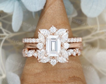 Emerald cut Moissanite engagement ring set rose gold Unique 3 pieces ring set Cluster engagement ring vintage Bridal Anniversary Dainty ring