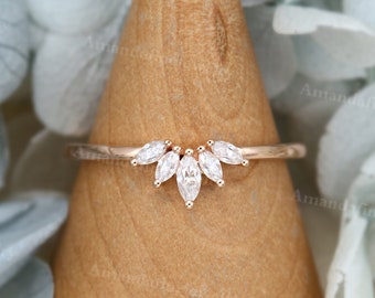 Anillo de bodas curvo de oro rosa con corte marquesa y diamantes, anillo de bodas simple, vintage, único, de moissanita, apilable, para aniversario de novia.