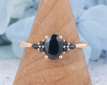 Oval Black sapphire engagement ring Unique rose gold engagement ring marquise black sapphire solid gold ring Bridal ring Anniversary gift