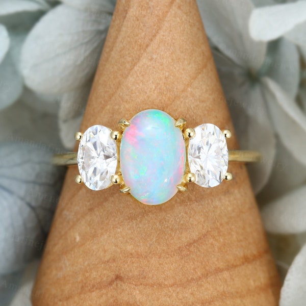 Oval cut Opal engagement ring Vintage solid 14K yellow gold ring Unique simple three stone wedding ring Bridal Anniversary moissanite ring