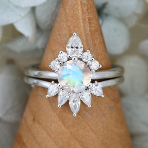 Moonstone engagement ring white gold Unique engagement ring set vintage cluster Pear moissanite engagement Anniversary delicate ring set