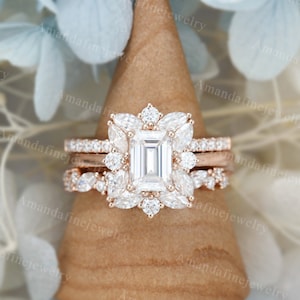 Emerald cut Moissanite engagement ring set rose gold Unique 3 pieces ring set Cluster engagement ring vintage Bridal Anniversary Dainty ring
