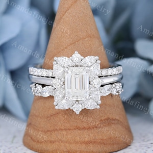 3 Pcs Emerald cut Moissanite engagement ring set Unique white gold ring set Cluster engagement ring vintage Bridal Anniversary Dainty ring