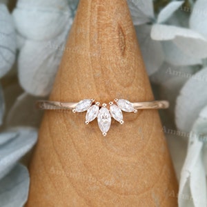Curved wedding band rose gold Marquise cut Diamond wedding band simple Vintage Unique Moissanite Matching Stacking Bridal Anniversary band