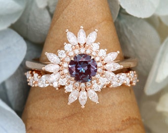 Alexandrite engagement ring set vintage rose gold Unique engagement ring Half eternity marquise cut Moissanite engagement Bridl ring set