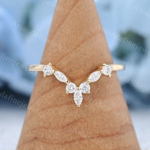 Curved wedding band Yellow gold Marquise cut moissanite wedding band Vintage Diamond wedding band Unique stacking matching ring promise gift