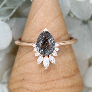 Pear shaped Black Rutilated Quartz engagement ring vintage rose gold engagement ring Marquise cut Diamond wedding Bridal anniversary ring
