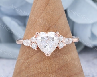 Anillo de compromiso de moissanita talla corazón Anillo vintage de oro rosa Anillo de diamantes talla marquesa Anillo de racimo Anillo de promesa nupcial Art Déco Regalo de aniversario
