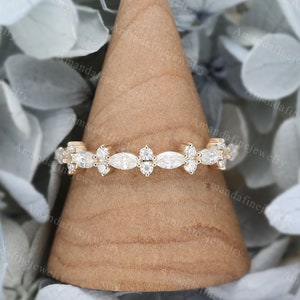 Solid 14K yellow gold wedding band Unique Marquise cut Moissanite wedding band Vintage Half eternity Matching Promise anniversary band