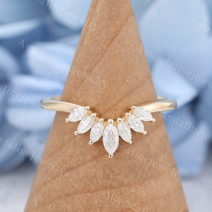 Curved moissanite wedding band yellow gold wedding band Marquise cut Diamond wedding band Vintage Matching Stacking Bridal ring Anniversary